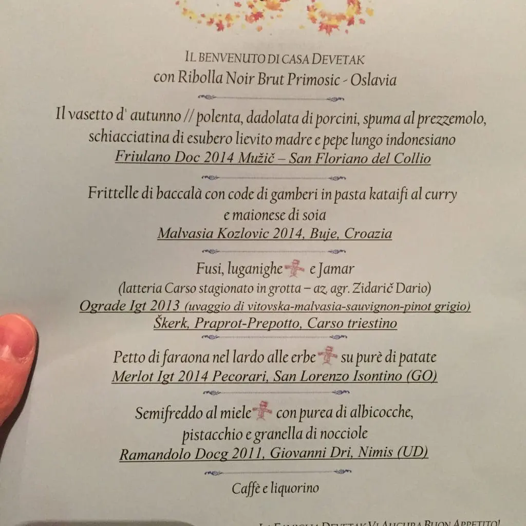 menu alla Lokanda Devetak